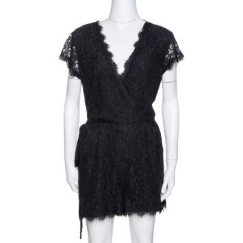 Pre Owned Diane Von Furstenberg Black Purdette Lace Romper L