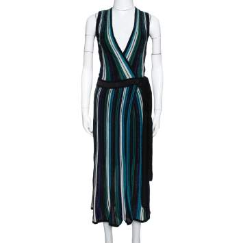 Pre Owned Diane von Furstenberg Black Lurex Striped Knit Cadenza Wrap Dress P