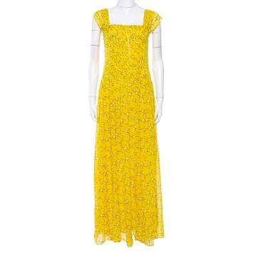 Pre Owned Diane von Furstenberg Yellow Floral Print Silk Lillie Maxi Dress M