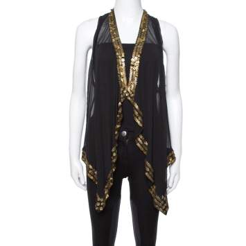 Pre Owned Diane von Furstenberg Black Silk Gold Sequin Embellished Ellowyn Vest M
