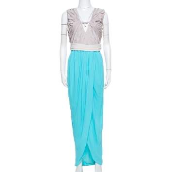 Pre Owned Diane von Furstenberg Blue Sateen & Crepe Wrap Effect Darleena Dress S