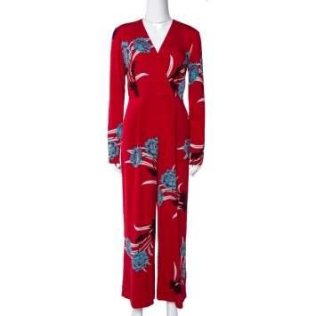 Pre Owned Diane Von Furstenberg Red Floral Print Crepe Farren Jumpsuit S