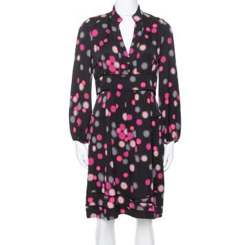 Pre Owned Diane Von Furstenberg Black Polka Dots Silk  Half Sleeve Midi Dress M