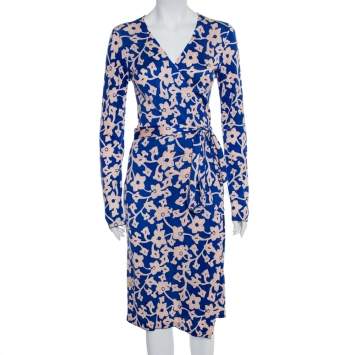Pre Owned Diane Von Furstenberg Blue Floral Printed Knit Midi Wrap Dress M