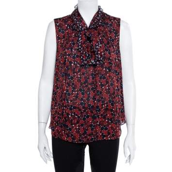Pre Owned Diane Von Furstenberg Red & Navy Blue Printed Silk Neck Tie Detail Fernanda Tank Top L