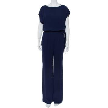 Pre Owned Diane Von Furstenberg Navy Blue Crepe Boat Neck Belted Sandra Jumpsuit M