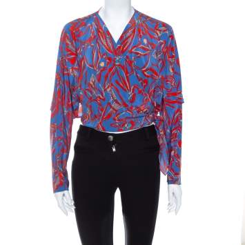 Pre Owned Diane von Furstenberg Blue Abstract Printed Silk Faux Wrap Crop Top S