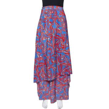 Pre Owned Diane Von Furstenberg Blue Abstract Printed Silk Layered Maxi Skirt S