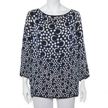 Pre Owned Diane Von Furstenberg Navy Blue Printed Silk Top M