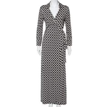 Pre Owned Diane Von Furstenberg Monochrome Silk Abigail Maxi Wrap Dress XL