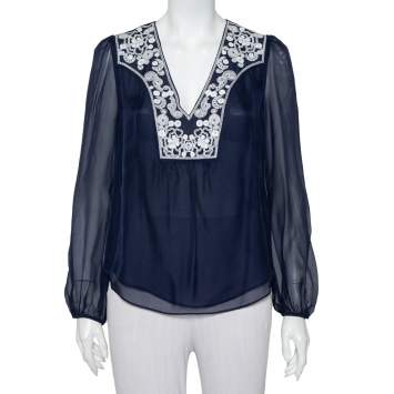 Pre Owned Diane Von Furstenberg Navy Blue Silk Embroidered Plunge Neck Maslyn Top S