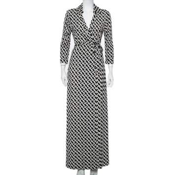 Pre Owned Diane Von Furstenberg Monochrome Silk Abigail Maxi Wrap Dress L