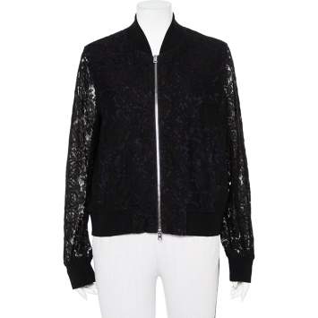 Pre Owned Diane Von Furstenberg  Black & Navy Blue Lace Kennadie Bomber Jacket L