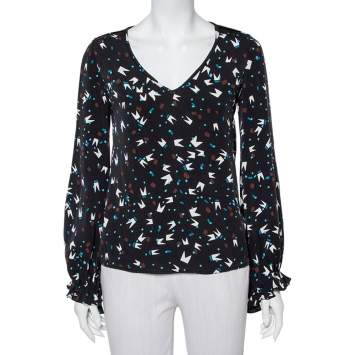 Pre Owned Diane Von Furstenberg Black printed Silk Oversized Dickinson Top XS