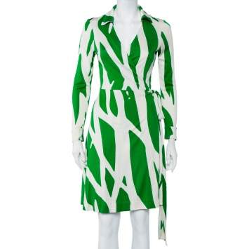 Pre Owned Diane Von Furstenberg Beige & Green Printed Silk Knit Collared Mini Wrap Dress L