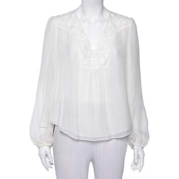 Pre Owned Diane Von Furstenberg White Silk Embroidered Neck Detail Maslyn Top M