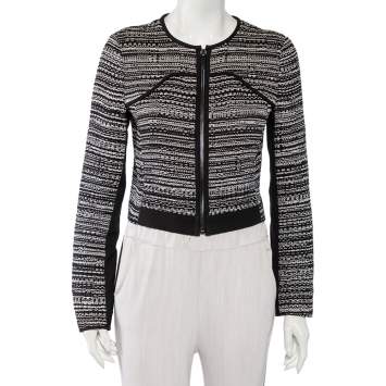 Pre Owned Diane Von Furstenberg Monochrome Tweed Zip Front Collarless Caity Jacket S