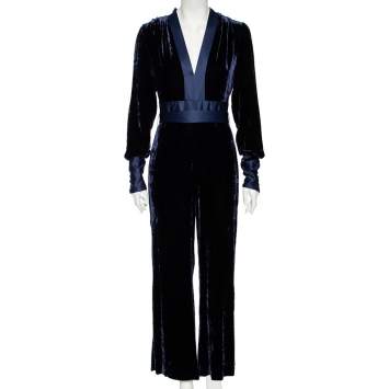 Pre Owned Diane Von Furstenberg Navy Blue Velvet Claude Satin-Trimmed Jumpsuit M