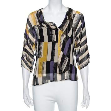 Pre Owned Diane Von Furstenberg Multicolored Geometric Print Silk Blouse M 