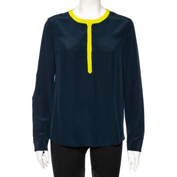 Pre Owned Diane Von Furstenberg Navy Blue Silk Maisy Contrast Collar Trim Detail Shirt L