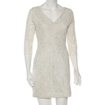 Pre Owned Diane Von Furstenberg Pale Grey & Cream Floral Embroidered Silk Sarita Dress M