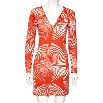 Pre Owned Diane von Furstenberg Dull Orange Printed Silk Reina Long Sleeve Dress S