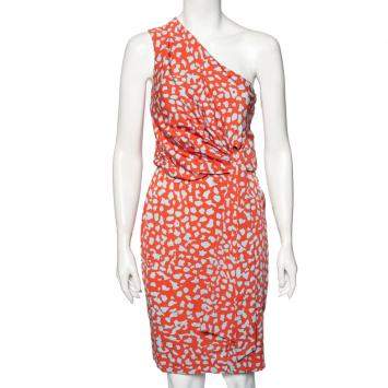 Pre Owned Diane von Furstenberg Pink Printed Silk One Shoulder Draped Agantha Dress S