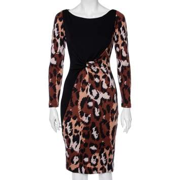 Pre Owned Diane von Furstenberg Black & Brown Leopard Printed Wool Masankay Dress S