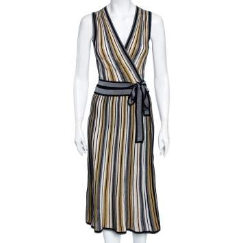 Pre Owned Diane von Furstenberg Multicolored Striped Lurex Knit Cadenza Wrap Dress S
