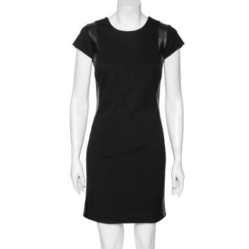 Pre Owned Diane von Furstenberg Black Knit Pele Leather Short Sleeve Dress M 