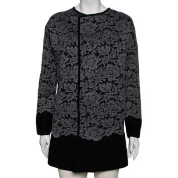 Pre Owned Diane von Furstenberg Grey Wool & Lace Open Front Long Cardigan S
