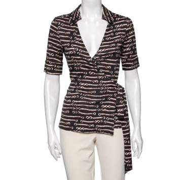 Pre Owned Diane von Furstenberg Dark Grey Printed Silk Vintage Jilliana Wrap Top M