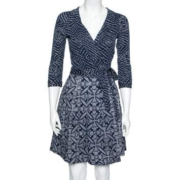 Pre Owned Diane von Furstenberg Blue & White Printed Cotton Jewel Wrap Dress S