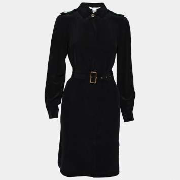 Pre Owned Diane von Furstenberg Black Silk Button Front Belted Dress S