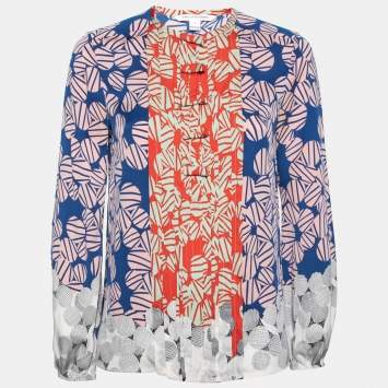 Pre Owned Diane Von Furstenberg Multicolor Printed Silk Snap Front Closure Blouse S
