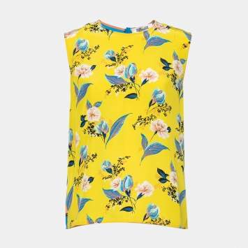 Pre Owned Diane von Furstenberg Yellow & Blue Floral Printed Silk Sleeveless Top L