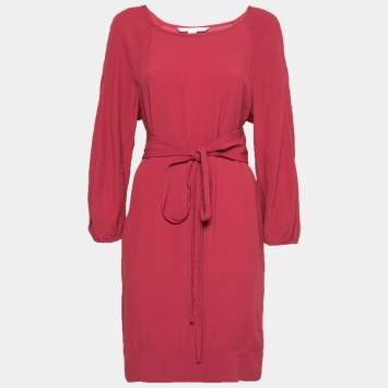 Pre Owned Diane Von Furstenberg Burgundy Crepe Long Sleeve Belted Dress L