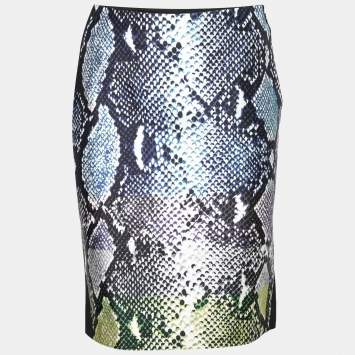 Pre Owned Diane von Furstenberg Black Python Print Silk & Wool Mae Mikado Skirt M