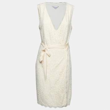 Pre Owned Diane Von Furstenberg Cream Lace Wrap Dress L