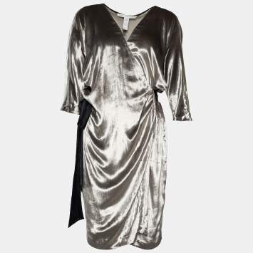 Pre Owned Diane Von Furstenberg Grey/Black Velvet Front Tie Shrug M