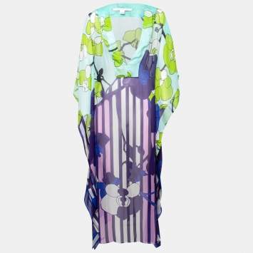 Pre Owned Diane von Furstenberg Multicolor Printed Silk Sheer Anushka Kaftan S