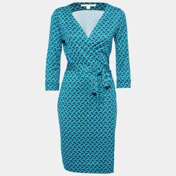 Pre Owned Diane von Furstenberg Blue Print Silk Jersey New Julian Wrap Dress M