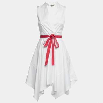 Pre Owned Diane von Furstenberg White Cotton Poplin Belted Marlene Dress XS