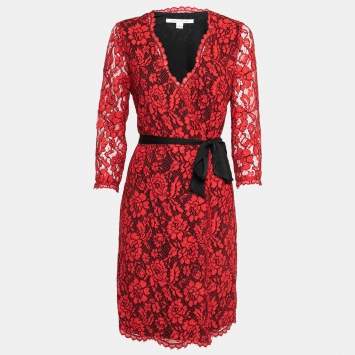 Pre Owned Diane von Furstenberg Red Floral Lace Julianna Wrap Dress S