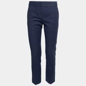 Pre Owned Diane von Furstenberg Navy Blue Textured Cotton Cropped Tapered Trousers S
