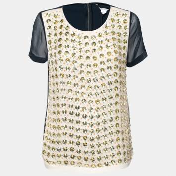 Pre Owned Diane von Furstenberg Navy Blue Silk Rounded Crystal Embellished Gidget Top M