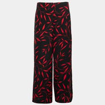 Pre Owned Diane Von Furstenberg Black & Red Printed Stretch Crepe Wide Leg Trousers M