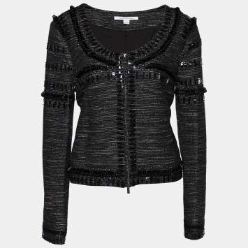 Pre Owned Diane von Furstenberg Black Lurex Embellished Laya Silver Ladder Jacket L