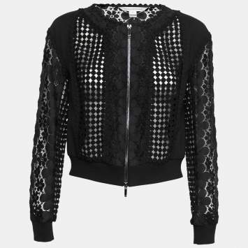 Pre Owned Diane Von Furstenberg Black Guipure Lace & Knit Jessica Bomber Jacket S