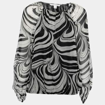 Pre Owned Diane Von Furstenberg Black Marble Print Silk Keyhole Detail Blouse S